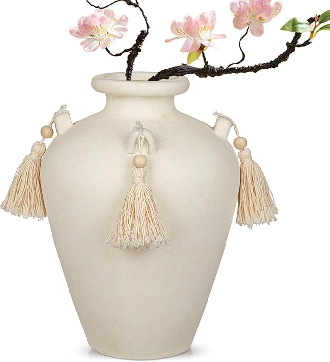 Large Decorative Ceramic Vase with Tassels, 9.4" White Boho Flower Vase with Handles, Textured Rustic Farmhouse Vases for Home Decor, Table Centerpiece, Living Room, Entryway, Wedding, Party Decor