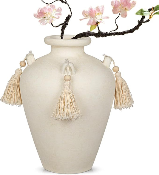 Large Decorative Ceramic Vase with Tassels, 9.4" White Boho Flower Vase with Handles, Textured Rustic Farmhouse Vases for Home Decor, Table Centerpiece, Living Room, Entryway, Wedding, Party Decor