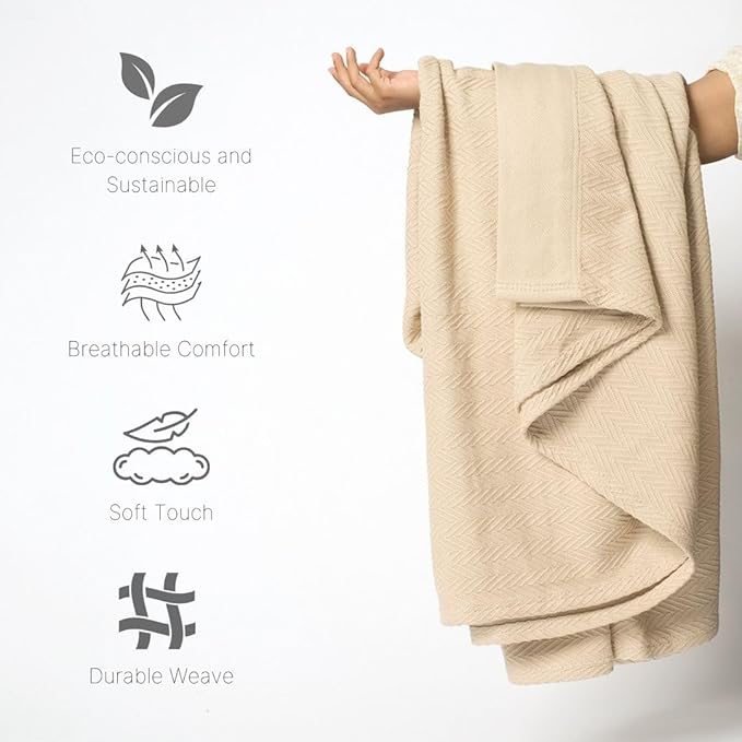 9Threads Queen Size Multipurpose Blanket, 100% Extra Long Staple Cotton, Soft & Breathable Herringbone Weave, Beige, Lightweight, Machine Washable, All-Season Throw Blanket for Bedroom & Travel