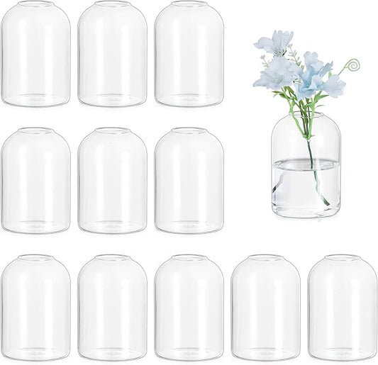 Hewory Glass Bud Vases for Centerpieces: Set of 12 Blown Clear Small Vase Bulk, Mini Cute Flower Vase for Floral Arrangement, Modern Decorations for Wedding Party Event Table Decor, 3.7"(H)×2.75"(D)