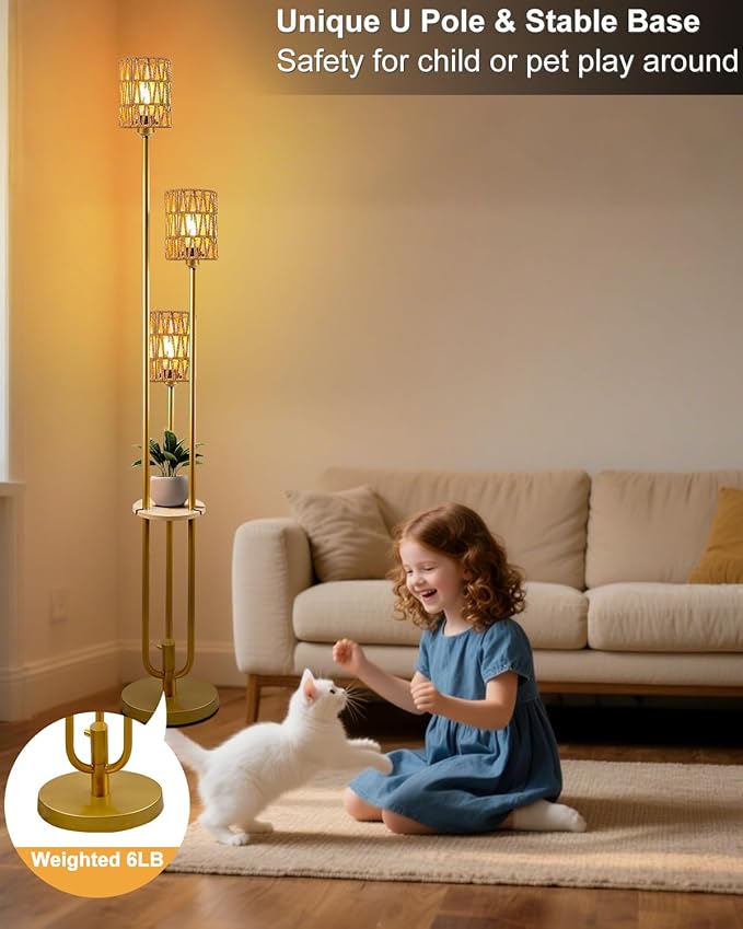 Lightdot Dimmable Boho Floor Lamps for Living Room, 3-Lights Rattan Floor Lamp with Shelves, 3000K Warmwhite Farmhouse Floor Lamp Candle Holder Style, Rustic Gold Standing Lamp with Bulbs Included