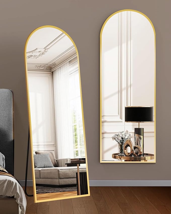 58"x18" Arched Full Length Mirror - Floor Standing or Wall Mounted with Stand, Aluminum Frame & Shatter-Proof Glass, Gold Freestanding Mirror for Bedroom, Living Room, Entryway Decor