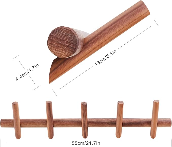 Wood Coat Hooks Wall Mounted Hat Rack Tower Hanger Wall Hooks Decorative Hanger with Pegs Entryway Bedroom Bathroom（Black Walnut，5 Hooks）