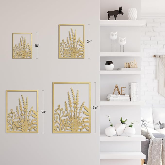 SIGNLEADER Metal Wall Art Decor Botanical Flower Leaves Minimalist Modern Abstract Wall Sculpture Hangings Home Decoration for Living Room, Bedroom, Bathroom, Kitchen, Outdoor - 18" Gold