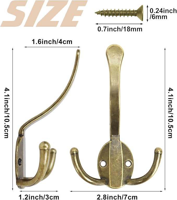 10 Pack Coat Hooks Heavy Duty, Metal Three Prongs Large Coat Hooks Wall Mounted with 20 Screws, No Rust Antique Brass Rustic Wall Hooks for Hanging Towel, Coat, Scarf, Bag, Hat, Cup, Key