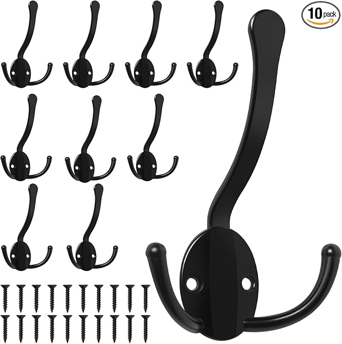 10 Pack Coat Hooks Heavy Duty, Metal Three Prongs Large Coat Hooks Wall Mounted with 20 Screws, No Rust Black Rustic Wall Hooks for Hanging Towel, Coat, Scarf, Bag, Hat, Cup, Key
