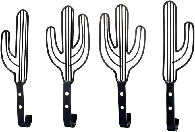 MyGift Wall Mounted Decorative Black Metal Entryway Coat Hooks Saguaro Cactus Shaped Hanging Novelty Hooks, Southwest Style Home Decor, Set of 4