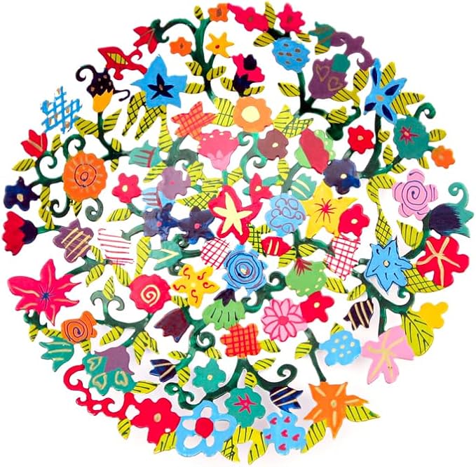 EMANUEL Yair Decorative Metal Fruit Bowl | Vibrant Hand Painted Bowl | Hangable Centerpiece Bowl for Home Decor and Gifting | Judaica Art (10 inch, Flowers)