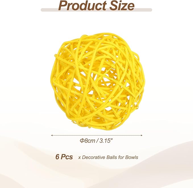 PATIKIL 3 Inch Wicker Rattan Balls, 6 Pcs Decorative Balls for Centerpiece Bowls Wedding Party Home Decor DIY Craft, Yellow