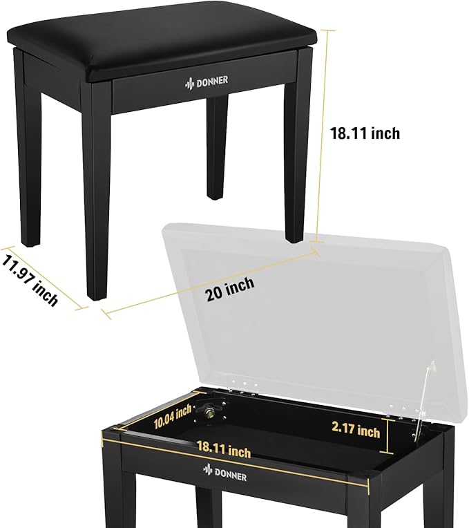 Donner Piano Bench with Storage, Solid Wood Keyboard Bench Piano Bookcase Stool Chair Seat with High-Density Sponges Pad, Black