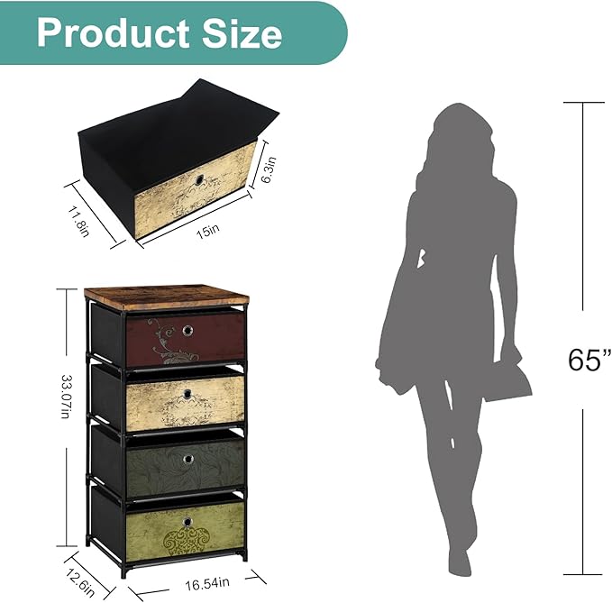 Nightstand with 4 Drawers, Clothes Storage Organizer, Small Fabric Dresser for Bedroom, Closet, Entryway, Hallway, Nursery, Dorm