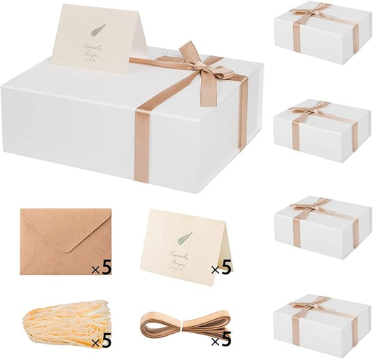LIFELUM White Gift Boxes with Lids Bulk for Presents 5 Pack Gift Boxes 13.85 x 8.35 x 4.45 inch Large Gift Box Contains Card,Sticker,Ribbon, Shredded Paper Filler for Anniversary, Weeding Gifts
