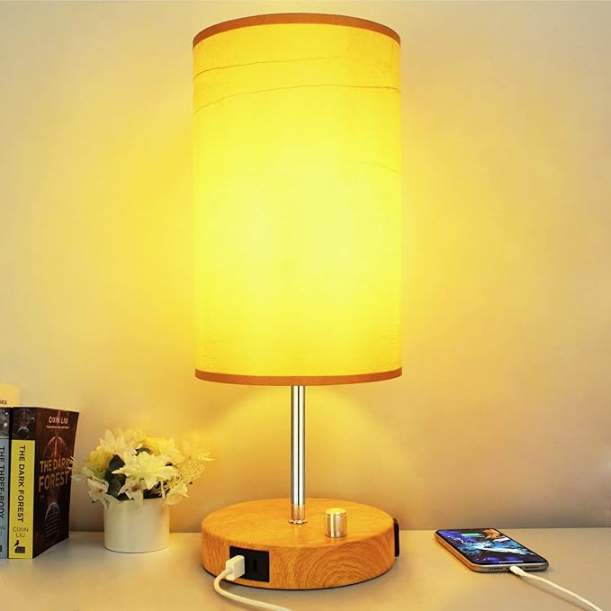 HiBay 17.75" Dimmable Bedside Table Lamp with Charging Station - 2 USB Ports & AC Outlet, Rustic Wood-Grain Nightstand Light with Parchment Shade for Bedroom Living Room Dorm, Bulb Included