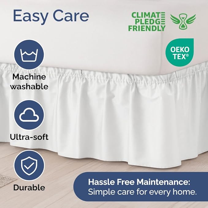 Wrap Around Dust Ruffle Bed Skirt - White - for Full Size Beds with 12 Inch Drop - Easy Fit Elastic Strap - Adjustable Pleated Bedskirt w/Brushed Fabric - Wrinkle Free - for Women, Men, Kids & Teens