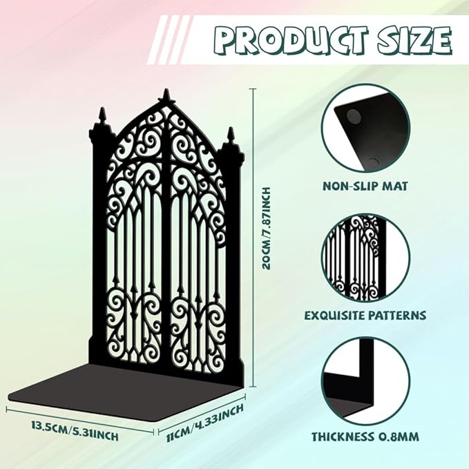 Peacoblue Metal Bookends for Shelves, Modern Decorative Heavy Duty Study Book Ends Stoppers for Office, Desk, Shelf, Room 5.3"x4.3"x7.9" Cast Iron Simple Tall Bookends 1 Pair (Gothic Gorgeous Gate)
