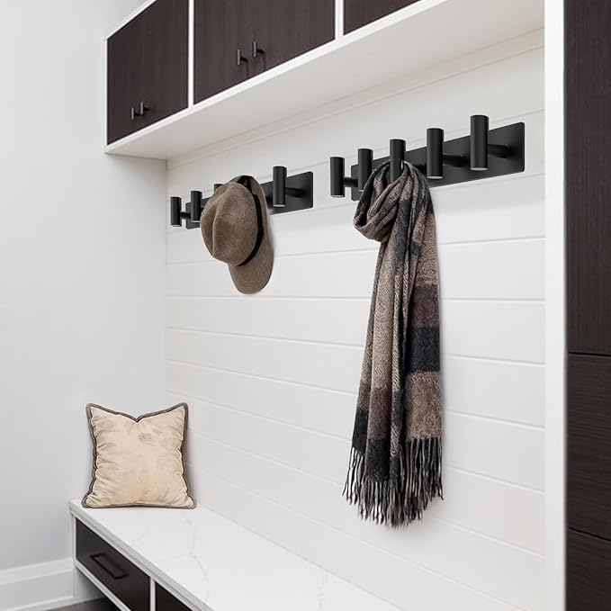 Coat Rack Wall Mount - 5 Coat Hooks, Towel Racks for Bathroom Robes Bags Keys, Hat Rack Wall Towel Hooks Organizer Essential (Black)