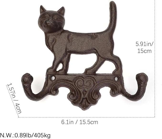 Set of 2 Cast Iron Vintage Dog Wall Hook Decorative Wall Mounted Coat Hooks Rustic Heavy Duty Cute Animal Key Hangers for Dog Leashes, Towels, Hats(Cats)
