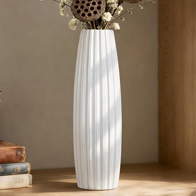 12 Inch White Vase Ceramic Flower Vase, Tall Vases for Pampas Grass, Home Decor, Modern Textured Vases for Living Room Decorations,Table Centerpieces,Shelf,Farmhouse Small Ceramic Vase