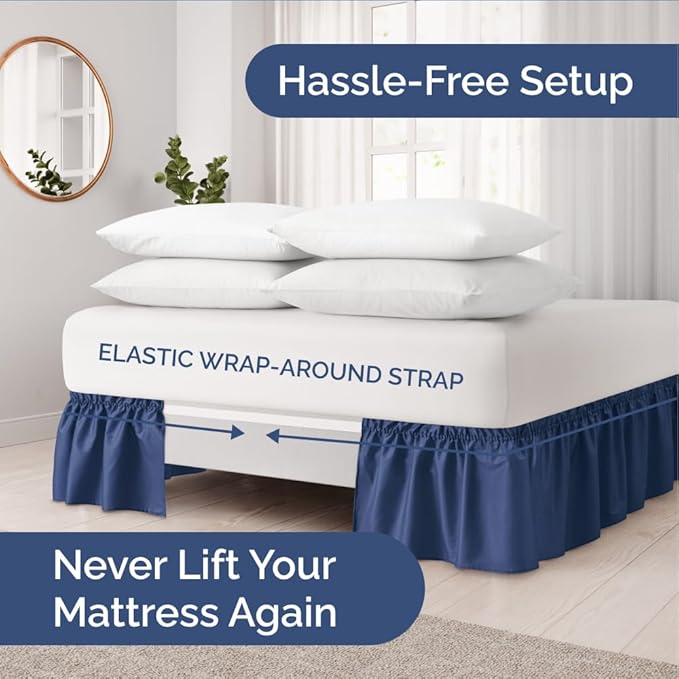 Wrap Around Dust Ruffle Bed Skirt - Navy Blue - for Full Size Beds w/ 16 Inch Drop - Easy Fit Elastic Strap - Adjustable Pleated Bedskirt with Brushed Fabric, Wrinkle Free Women, Men, Kids and Teens