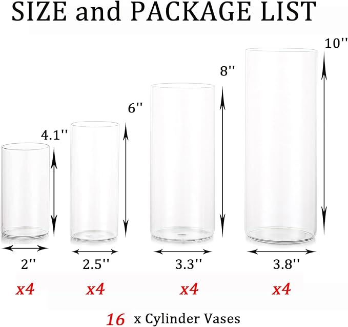 Cylinder Vase Bulk Clear Esmiome - Cylinder Vases for Centerpieces 4 Sets (16Pcs) Hurricane Floating Candle Holder, Glass Vases for Flowers, Decorative Centerpiece for Wedding, 4''+6''+8''+10''(High)