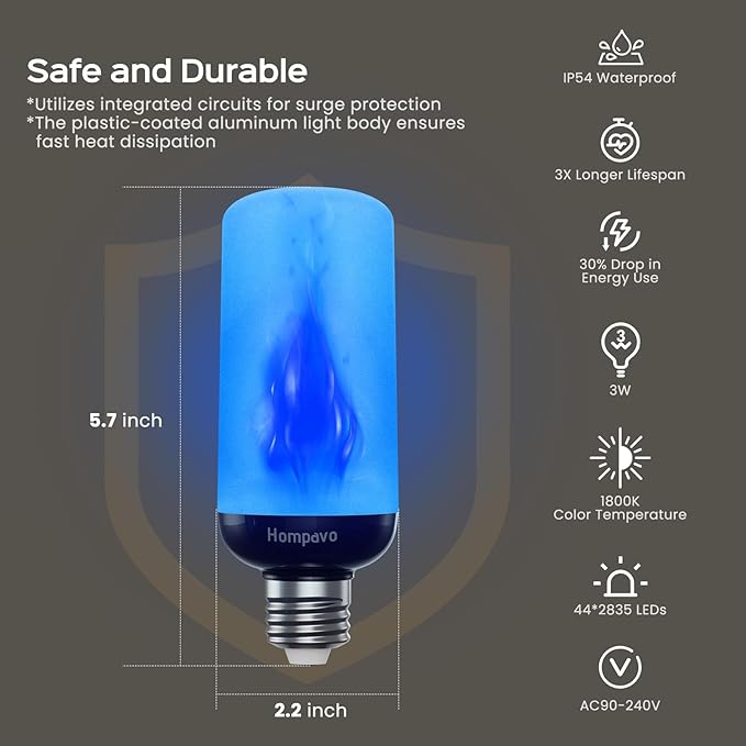 Hompavo Gen2 LED Flame Light Bulbs, Like Real Fire 4-Mode Flickering Light Bulbs with Upside Down Effect, E26 Flame Bulb for Halloween Christmas Party Patio Porch Home Indoor & Outdoor Decorations, 2