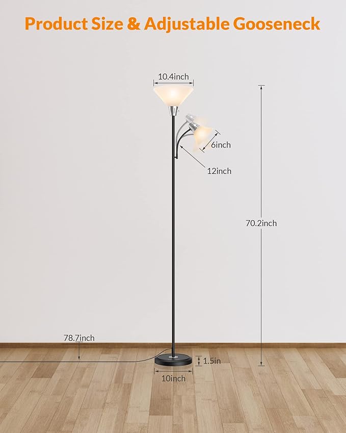 LEPOWER Floor Lamp, Standing Lamp Replaceable 3000K Energy-Saving, Lamp for Living Room with Adjustable Reading Light, Modern Bright Floor Lamp for Bedroom, Living Room, Office