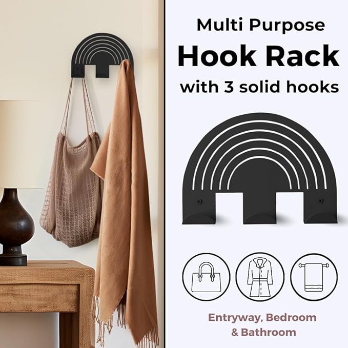 Rainbow Black Wall Hooks – Heavy-Duty Metal Hooks for Hanging | Stylish & Decorative Coat Hook for Backpacks, Towels & Bags | Durable, Minimalist Wall Organizer for Kids' Room & Playroom