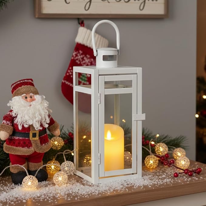 TRIROCKS Stainless Steel Decorative Lantern 12'' High Metal Candle Holder with Clear Glass Panels Perfect for Home Decor Living Room Parties Events Tabletop Indoor Outdoor (White)