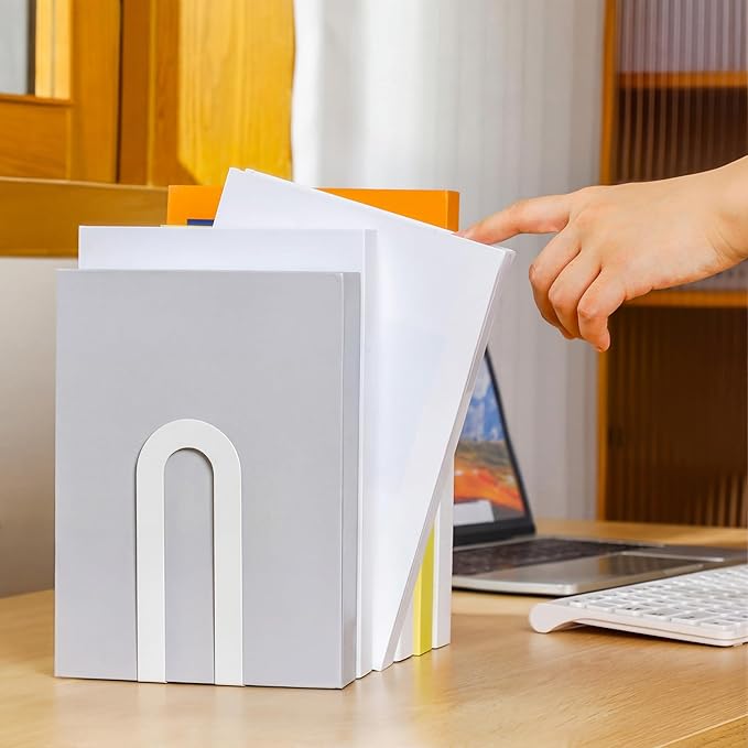 Chunful 6 Pcs Modern Metal Book Ends for Shelves Decorative Small Bookends Book Shelf Organizer Minimalist Design Stopper to Hold Books for Home Office (5.5 * 3.75 * 2.25inch,White)