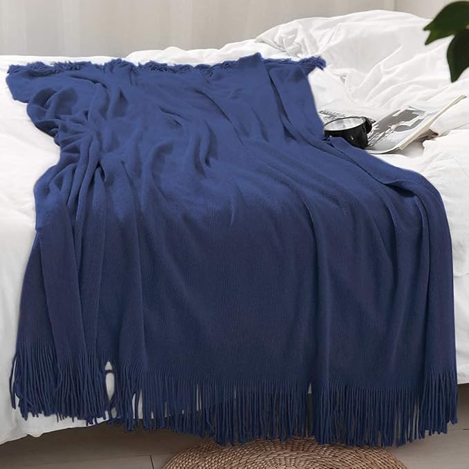 Homiest Decorative Knitted Throw Blanket with Fringe, Lightweight Acrylic Knit Blanket, Soft & Cozy Tassel Blanket for Couch, Sofa, Bed (Navy Blue, 60 x 80 Inch)
