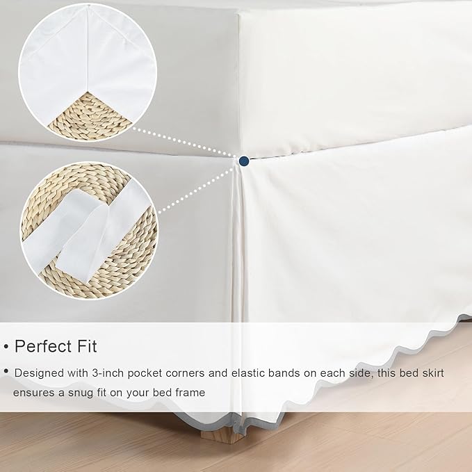 HIG Off-White Chic Twin XL Bed Skirt - Easy Fit Scallop Edge Pleated Bedskirts, 14 Inch Drop Anti-Slip Dust Ruffle, Thick Fabric for Enhanced Privacy, Pre-Washed for Long-Lasting Use(N60022)