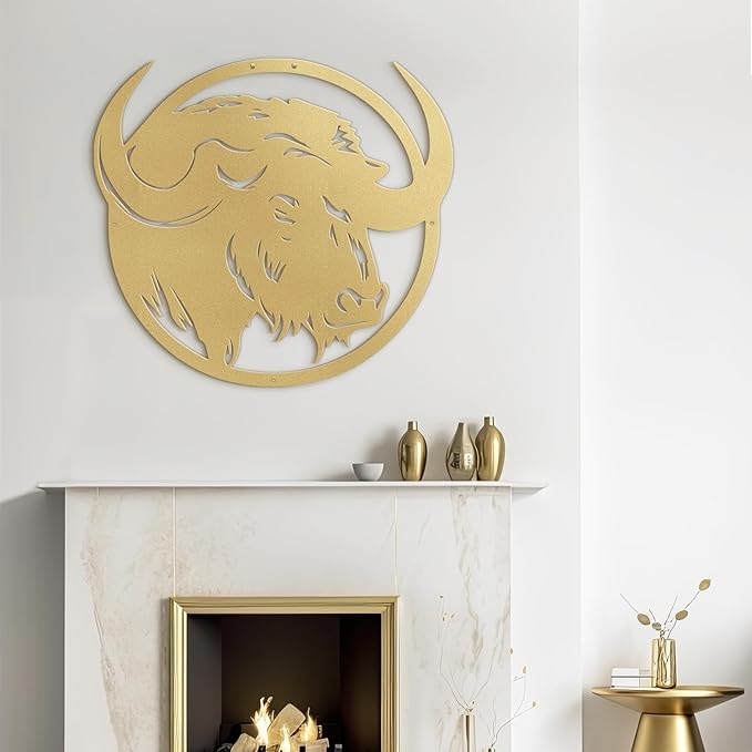 SIGNLEADER Metal Wall Art Decor Majestic Buffalo Circular Frame Minimalist Modern Abstract Wall Sculpture Hangings Home Decoration for Living Room, Bedroom, Bathroom, Kitchen, Outdoor - 18" Gold