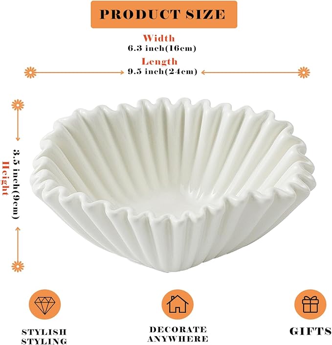 Ceramic Decorative Bowl,White Modern Bowls for Home Decor,Decorative Fruit Bowl for Kitchen Counter,Ruffle Decorative Key Bowl for Entry Table