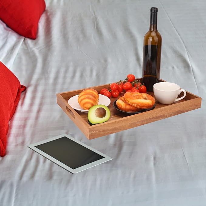 2 PCS Acacia Wood Serving Tray with Handles - 17 x 11.5 Inch Elegant Rectangle Wooden Tray for Food, Decorative Snack Tray, Breakfast and Kitchen Tray, Ideal Wooden Serving Platter for Homes