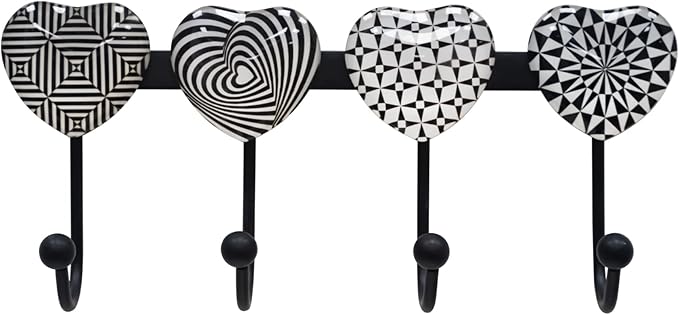 Coat Rack Wall Mounted with 4 Hooks, Heart Geometric Pattern Decorative Wall Hooks for Hanging Hat, Key, Towel, Purse, Bag and Robe, for Entryway, Bathroom, Hall Organizer Hanger Rack - Metal