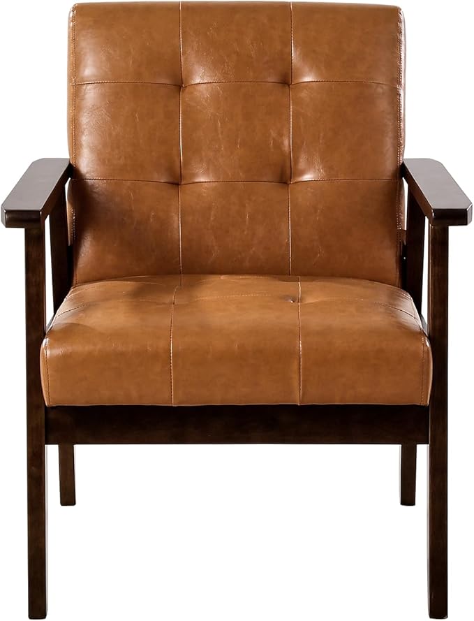VEVOR Accent Chair, Mid Century Modern Armchair with Solid Wood Frame and Non-Slip Legs, Upholstered Leisure Chair with PU Leather and Soft Cushion, for Living Room, Bedroom, Office