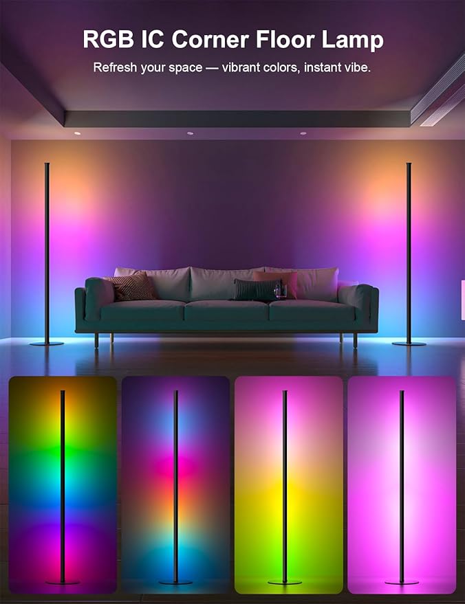 Corner Floor Lamp, Upgraded Corner Lamp APP and Remote Control, 16 Million Colors and Warm White, Music Sync, Timing Function, Color Changing Ambient Light for Living Room Bedroom Gaming