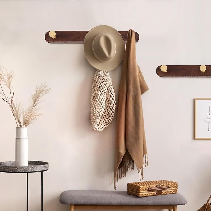 SARIHOSY] Wall Mounted Coat Rack,Multi Hook Hangers,Entryway Hanging Coat Rack,Metal Wood Coat Rail with 3 Hooks，Walnut Wood,zinc Alloy,Bedroom,Bathroom,Foyer,Living Room,Metal Household Items