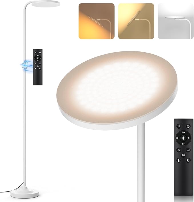 SIBRILLE 36W LED Floor Lamp, Super Bright Standing Lamp, Modern Stepless Dimmable Torchiere Tall Lamp with Remote Control, 350°Rotating Head Reading Floor Lamp for Living Room, Bedroom, Office - White