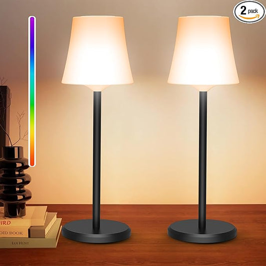 Cordless Table Lamp Rechargeable 2 Pack Wireless Touch Light Battery Operated 3 Color & RGB Stepless Dimmable Portable Led Waterproof Small Lamps for Kichen/Dining/Outdoor/Patio/Restaurant