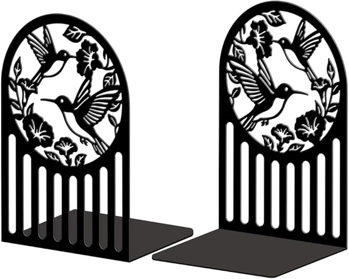 Peacoblue Metal Bookends for Shelves, Modern Decorative Heavy Duty Study Book Ends Stoppers for Office, Desk, Shelf, Room 5.3"x4.3"x7.9" Cast Iron Simple Tall Bookends 1 Pair (Hummingbird and Flower)