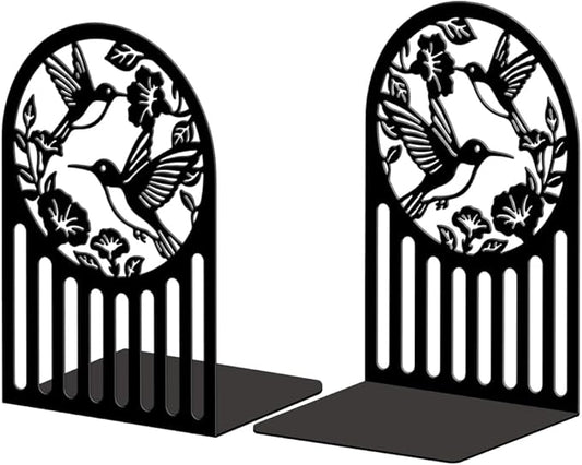 Peacoblue Metal Bookends for Shelves, Modern Decorative Heavy Duty Study Book Ends Stoppers for Office, Desk, Shelf, Room 5.3"x4.3"x7.9" Cast Iron Simple Tall Bookends 1 Pair (Hummingbird and Flower)