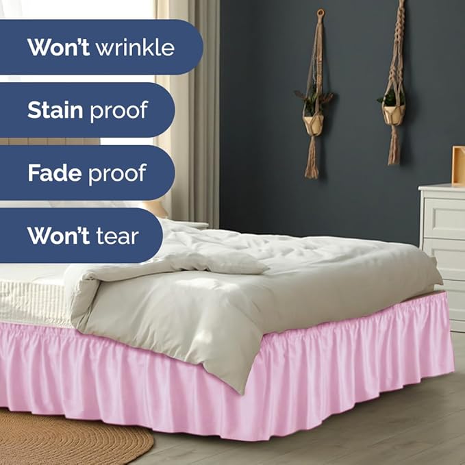 Wrap Around Dust Ruffle Bed Skirt - Light Pink - for Queen Size Beds with 12 Inch Drop - Elastic Strap - Adjustable Pleated Bedskirt with Brushed Fabric and Wrinkle Free - For Women, Men, Kids & Teens