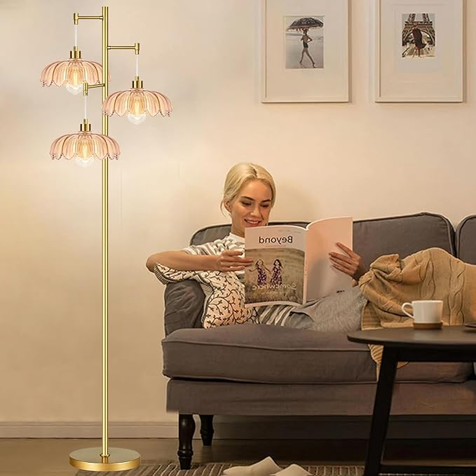 ZECOXOL Gold Floor Lamps for Living Room 3 Lights Floor Lamp with Glass Lampshape & Three Led Bulb,Mid Century Standing Lamp Vintage Brass Tall Lamp Tree Floor Lamp for Bedroom Corner