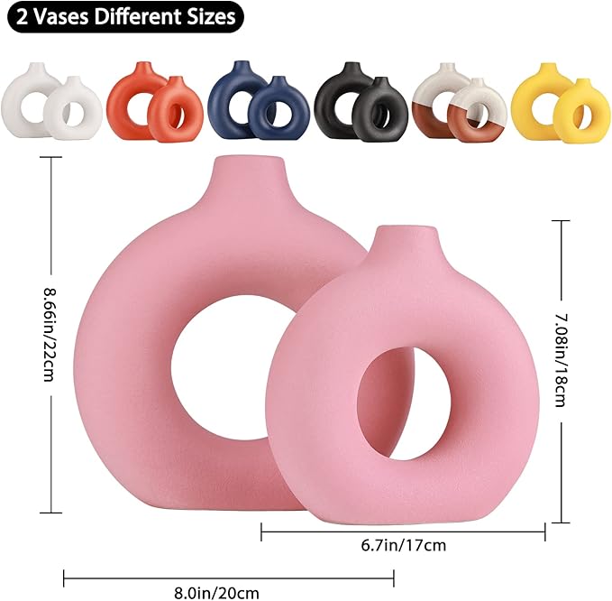 Pink Vase Decor Donut Vase Set of 2 - Circle Hollow Vases, Modern Matte Ceramic Vases for Entryway Living Room Bedroom Dining Table Centerpiece Office Home Decor