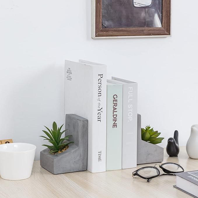 MyGift Decorative Bookends for Heavy Books, Book Ends with Planted Artificial Succulent Plants, Book Stands for Shelves Desktop, 1 Pair, L-Shaped Concrete