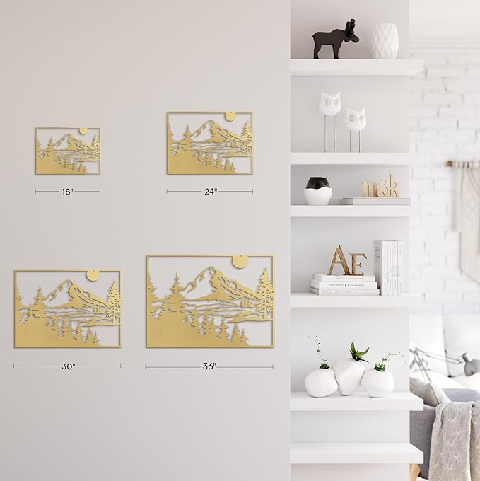 SIGNLEADER Metal Wall Art Decor Mountain Range and Pine Minimalist Modern Abstract Wall Sculpture Hangings Home Decoration for Living Room, Bedroom, Bathroom, Kitchen, Outdoor - 18" Gold