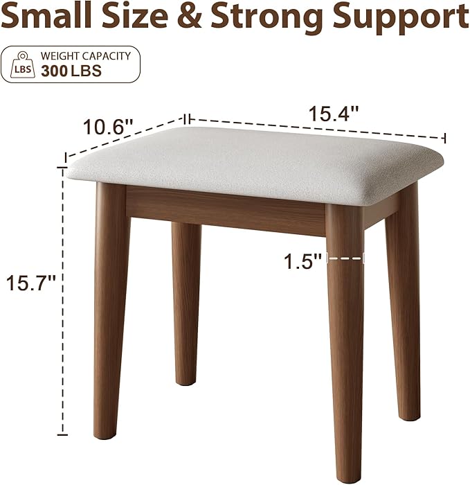 Solid Wood Foot Stool, Upholstered Ottoman Foot Rest for Couch, Padded Footstool, Leg Rest for Chair, Small Bench for Entryway, Cushioned Vanity Stool for Bedroom, Living Room, Walnut
