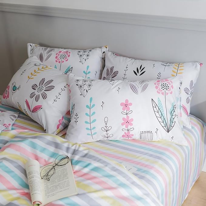 Floral Print Duvet Cover Queen Girls Floral Cotton Comforter Cover Chic Garden Flower Duvet Cover Aesthetic Bedding Sets Reversible Striped Boho Floral Comforter Cover Queen Duvet Cover with Zipper