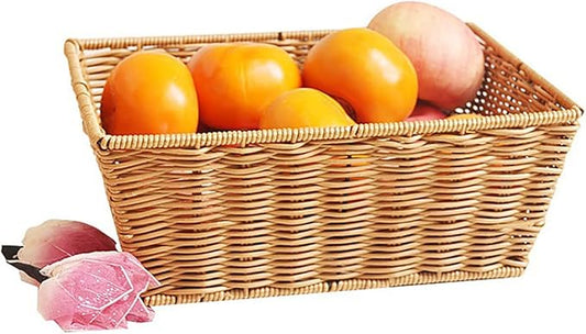 12" Poly Wicker Bread Basket, Hand Woven Food Storage Room Organizer, Fruits, Vegetables and Snacks Tabletop Food Serving Basket, Restaurant, Hotel Service, Brown (11.9x8x5.9)